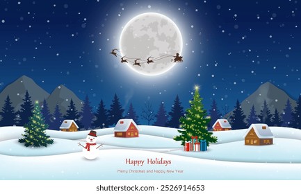 Winter landscape with Christmas night village and falling snow,vector illustration