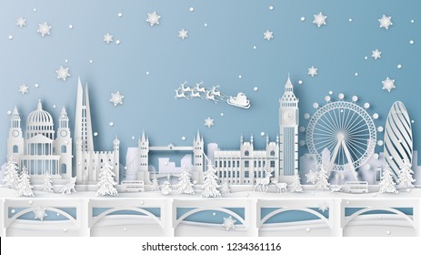 Winter landscape and Christmas season with the world famous architecture in London, England. paper cut and craft design. vector, illustration.