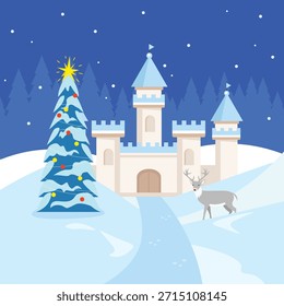 Winter landscape with a Christmas tree and a castle. Vector illustration.