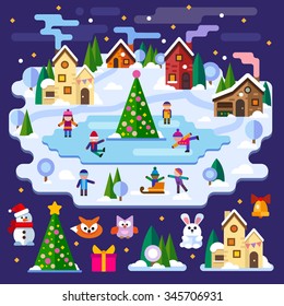 Winter landscape: Christmas tree, children are skating, houses, snowman, owl, fox, hare, gifts. Merry Christmas and Happy New Year.  Vector flat illustrations and icons