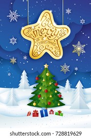 Winter landscape with Christmas tree, decorations, gifts and snowflakes. Paper arts and crafts style. Template greeting cards. Vector illustration.