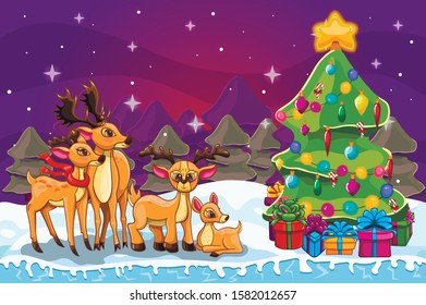Winter landscape with christmas tree and deer family. Gift under the Tree. Merry Christmas cute illustration.
