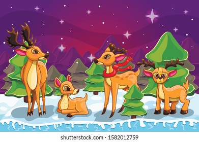 Winter landscape with christmas tree and deer family. Merry Christmas cute illustration.
