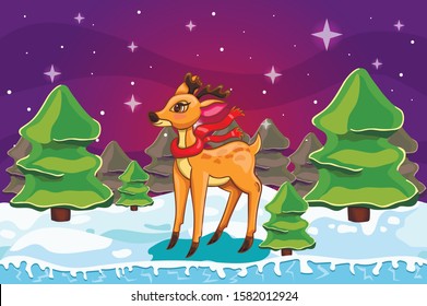 Winter landscape with Christmas tree and deer. Merry Christmas cute illustration.