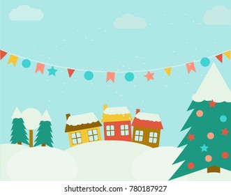 Winter landscape with christmas tree and garlands