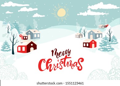 Winter landscape with a christmas tree, houses, sun, text in flat design in vector. Merry Christmas happy new year winter illustration. holiday design for christmas season.