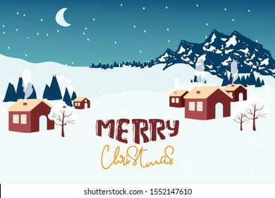 Winter landscape with a christmas tree, houses, sun, text in flat design in vector. Merry Christmas happy new year winter illustration. holiday design for christmas season.