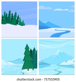 Winter landscape with christmas tree mountain frozen nature wallpaper beautiful natural vector illustration.