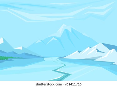 Winter landscape with christmas tree mountain frozen nature wallpaper beautiful natural vector illustration.