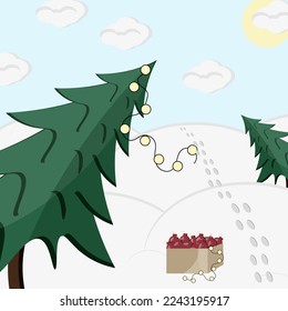 Winter landscape with christmas tree, snow hills, garland, footprints, white clouds on blue sky background.  Winter greeting card. New year in the forest. Save a fir. Greenpeace and deforestation. 