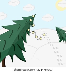 Winter landscape with christmas tree, snow hills, garland, footprints, white clouds on blue sky background.  Winter greeting card. New year in the forest. Save a fir. Greenpeace and deforestat. 