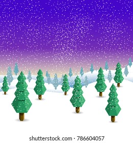 Winter landscape with Christmas tree, snow, and sky.