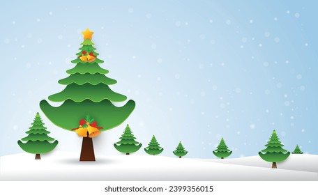 Winter landscape with christmas tree and snowflake, background design