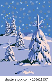 Winter landscape. Christmas tree in the snow.Vector image.