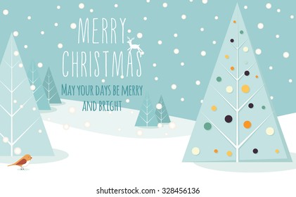 Winter landscape with a christmas tree and text in flat design in vector