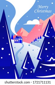 Winter landscape with christmas trees, house and mountains. Snowy weather. Christmas greeting card, poster