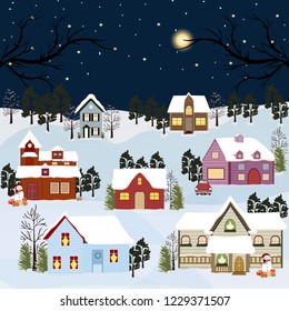 Winter landscape. Christmas trees and houses. Snowman. Merry Christmas and a Happy New Year.