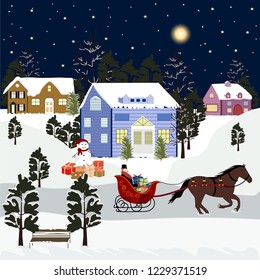 Winter landscape. Christmas trees and houses. Snowman. Merry Christmas and a Happy New Year.