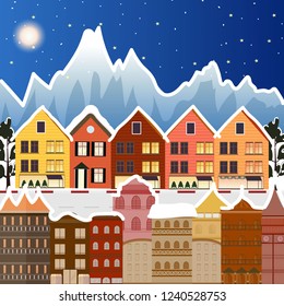 Winter landscape. Christmas trees and houses. Snowman. Merry Christmas and a Happy New Year