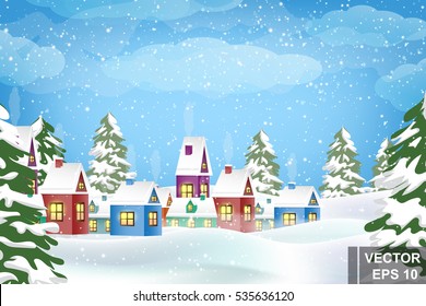 Winter landscape. Christmas trees and houses. Snow. Merry Christmas and a Happy New Year