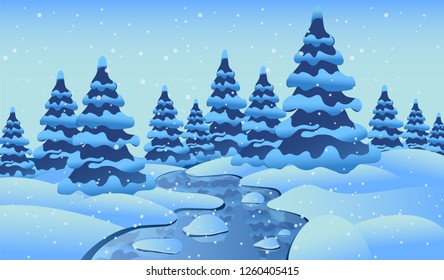 Winter landscape with Christmas trees, a river with ice and snowdrifts. Christmas forest. Cartoon illustration. Vector image.