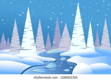 Winter landscape with Christmas trees, a river with ice and snowdrifts. Christmas forest. Cartoon illustration. Vector image.