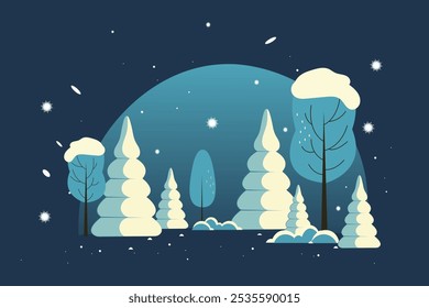 Winter landscape with Christmas trees and trees. Vector illustration of winter, flat style. Winter evening.