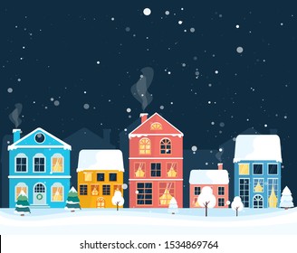 Winter landscape. Winter christmas village. Colorful house