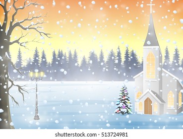 Winter landscape with church