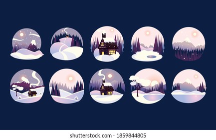 winter landscape circle frames with fir trees and snow, forest and countryside cottages vector illustration