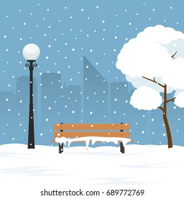 Winter landscape in city park. Park bench and trees covered by snow. Vector Illustration in flat syle.