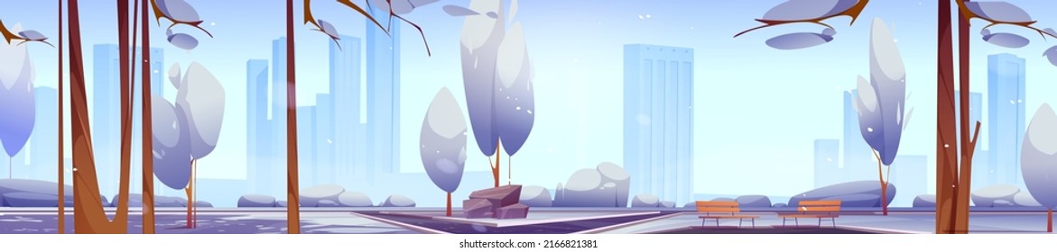 Winter landscape with city park and modern town on skyline. Vector cartoon panoramic illustration of public garden with benches, trees, paths, white snow and skyscrapers on horizon