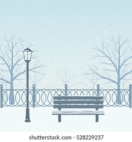 Winter landscape in city park on background of snow.. Vector illustration.