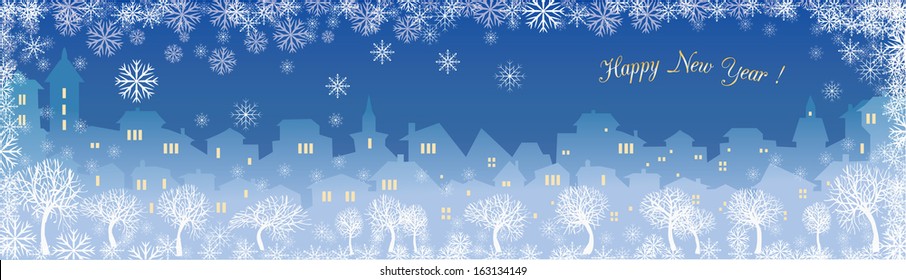 winter landscape with the city and snowflakes
