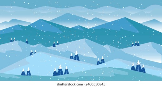 Winter landscape clouds mountains pine trees white snow  nature banner design. Vector illustration.