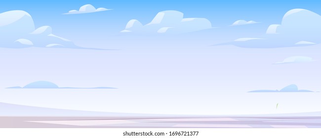 Winter landscape with clouds in sky, frozen lake and hills on horizon. Vector cartoon background of panoramic north scene, polar nature with snowy field, ice on water surface