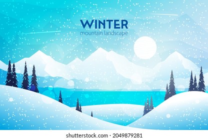 Winter landscape. Cold season. Travel concept of discovering. Nature. Hiking tourism. Adventure. Minimalist graphic flyers. Polygonal flat design for coupon, voucher, gift card. Vector illustration.