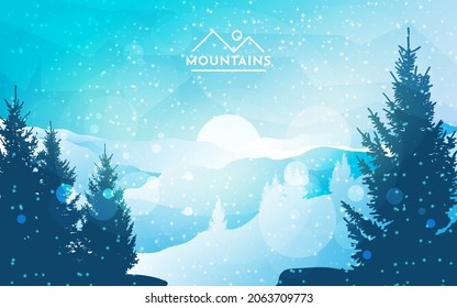 Winter landscape. Cold season. Travel concept of discovering. Nature. Hiking tourism. Adventure. Minimalist graphic flyers. Polygonal flat design for coupon, voucher, gift card. Vector illustration.