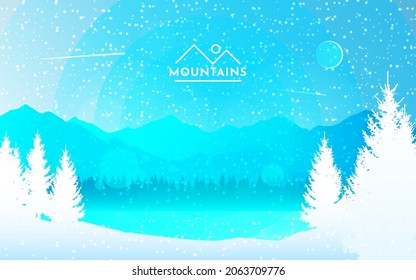 Winter landscape. Cold season. Travel concept of discovering. Nature. Hiking tourism. Adventure. Minimalist graphic flyers. Polygonal flat design for coupon, voucher, gift card. Vector illustration.