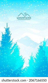 Winter landscape. Cold season. Travel concept of discovering. Nature. Hiking tourism. Adventure. Minimalist graphic flyers. Polygonal flat design for coupons, vouchers, gift card. Vector illustration.