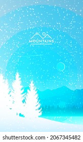 Winter landscape. Cold season. Travel concept of discovering. Nature. Hiking tourism. Adventure. Minimalist graphic flyers. Polygonal flat design for coupon, voucher, gift card. Vector illustration.