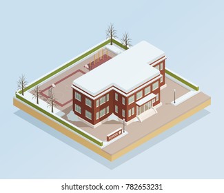 Winter landscape with college high school building with adjacent with adjacent sports areas isometric composition vector illustration 