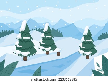 Winter landscape concept. Christmas trees under snow, cold weather. Graphic element for website. Poster, banner and background. Christmas and New Year symbol. Cartoon flat vector illustration