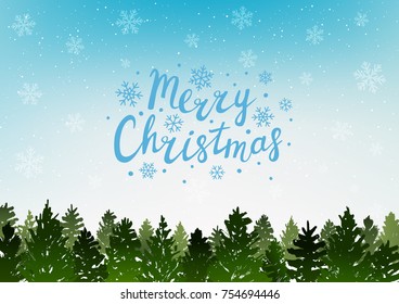 Winter landscape with coniferous forest on blue sky background
