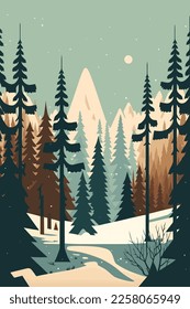 Winter landscape with coniferous forest. Vector illustration in flat color cartoon style