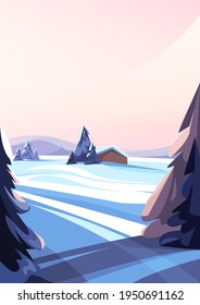 Winter landscape with coniferous trees. Beautiful non-urban scene in vertical orientation.