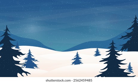 winter landscape with coniferous trees and snowfalling