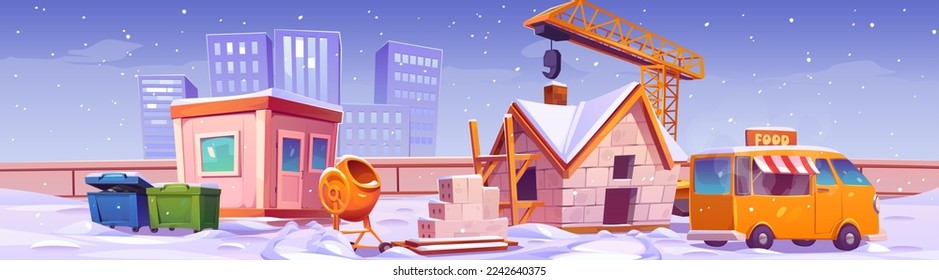 Winter landscape with construction site. Building site with house, snow, crane, stone blocks, cement mixer, food truck, fence, trash bins and city on background, vector cartoon illustration