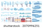 Winter landscape constructor set. Frozen river, pound or lake. Winter forest scenery, snowy trees and bushes. Beautiful wild nature in snow, december freezing weather. Flat vector illustration