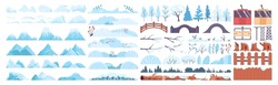 Winter Landscape Constructor Set. Frozen Trees, Bushes, Mountains Collection. Beautiful Wild Nature In Snow, December Freezing Scenery. Flat Vector Illustration